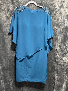 Teal Blue Beaded Evening Chiffon Cape Overlay Semiformal Dress NWT Plus 14